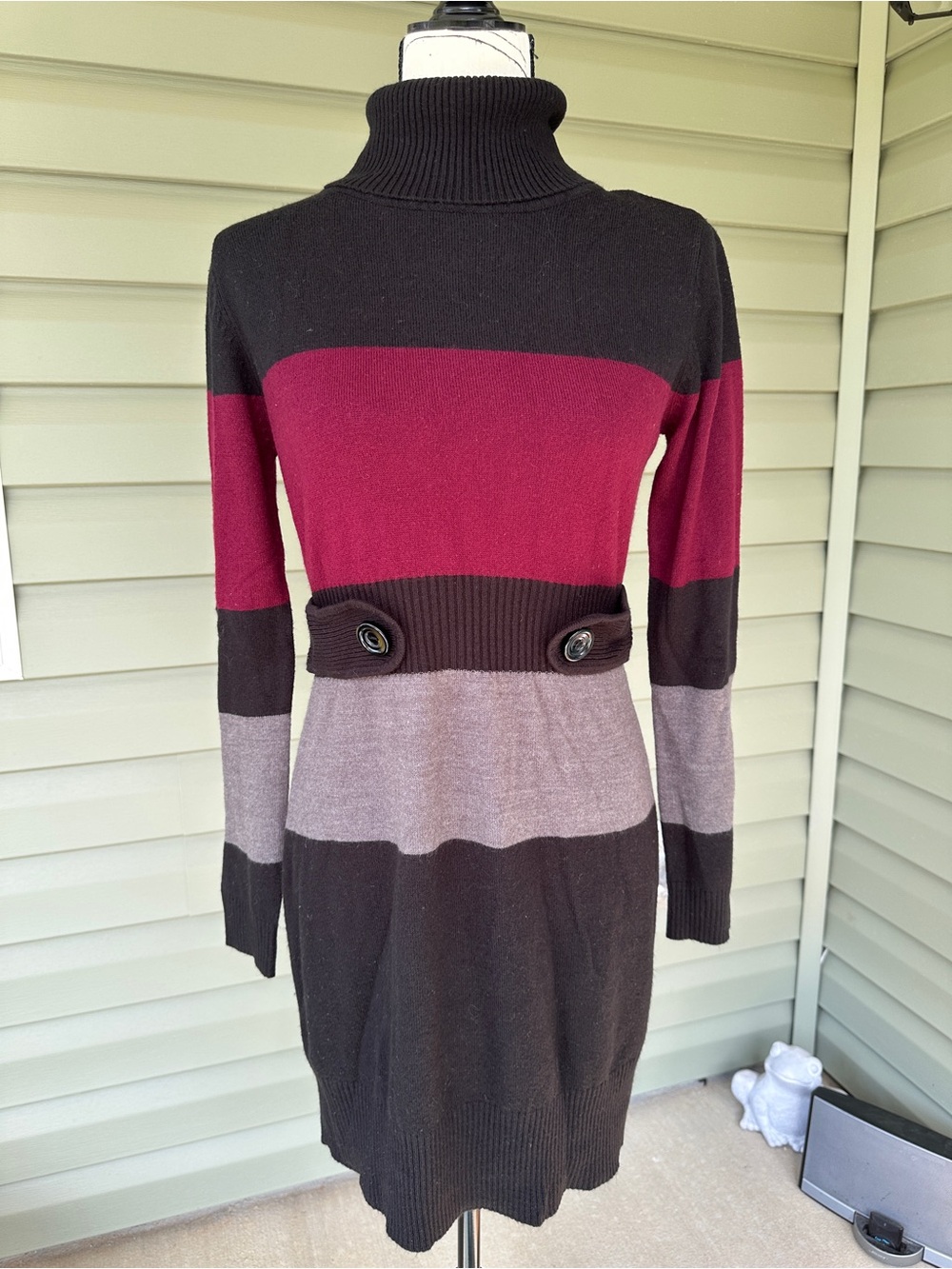 Iz Byer Striped Turtleneck Sweater Dress in Black, Burgundy & Gray size L
